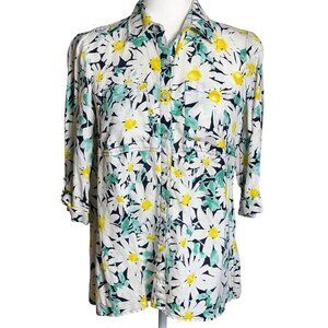 Jones NY Linen Shirt Daisy Floral Elbow Sleeves Button Up Tunic Blouse Womens S